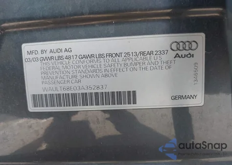 2003 Audi A4 3.0 z USA, uszkodzony, nr VIN WAULT68E03A352837